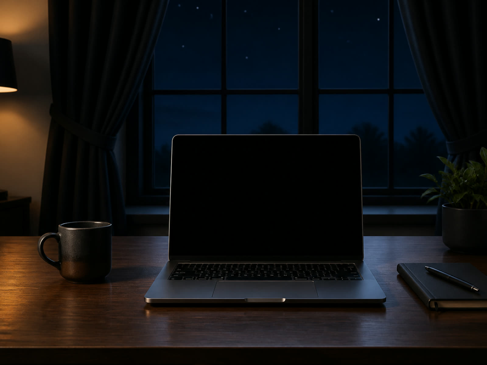 A laptop on a desk by a window at night with a mug and notebook