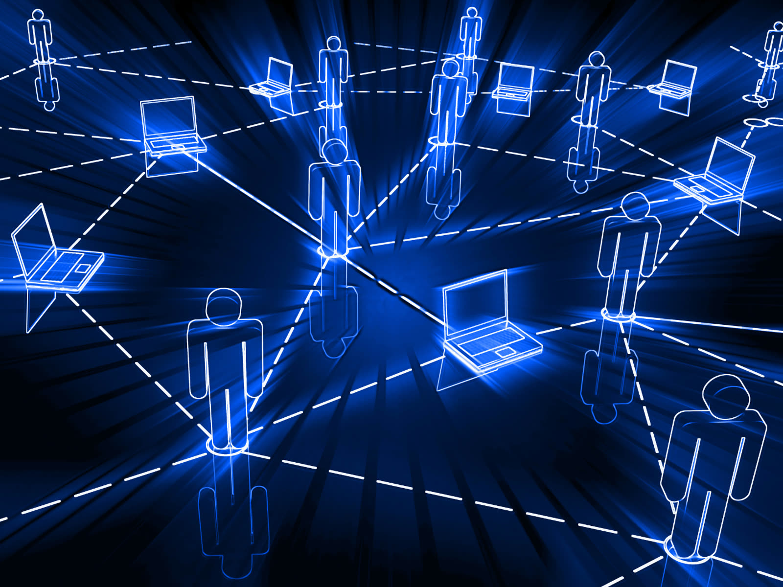 A glowing network of people and laptops connected by lines
