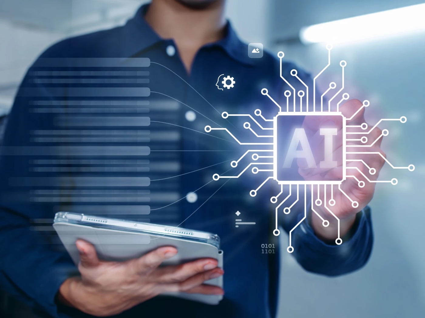 A person holding a tablet and tapping a glowing AI chip icon