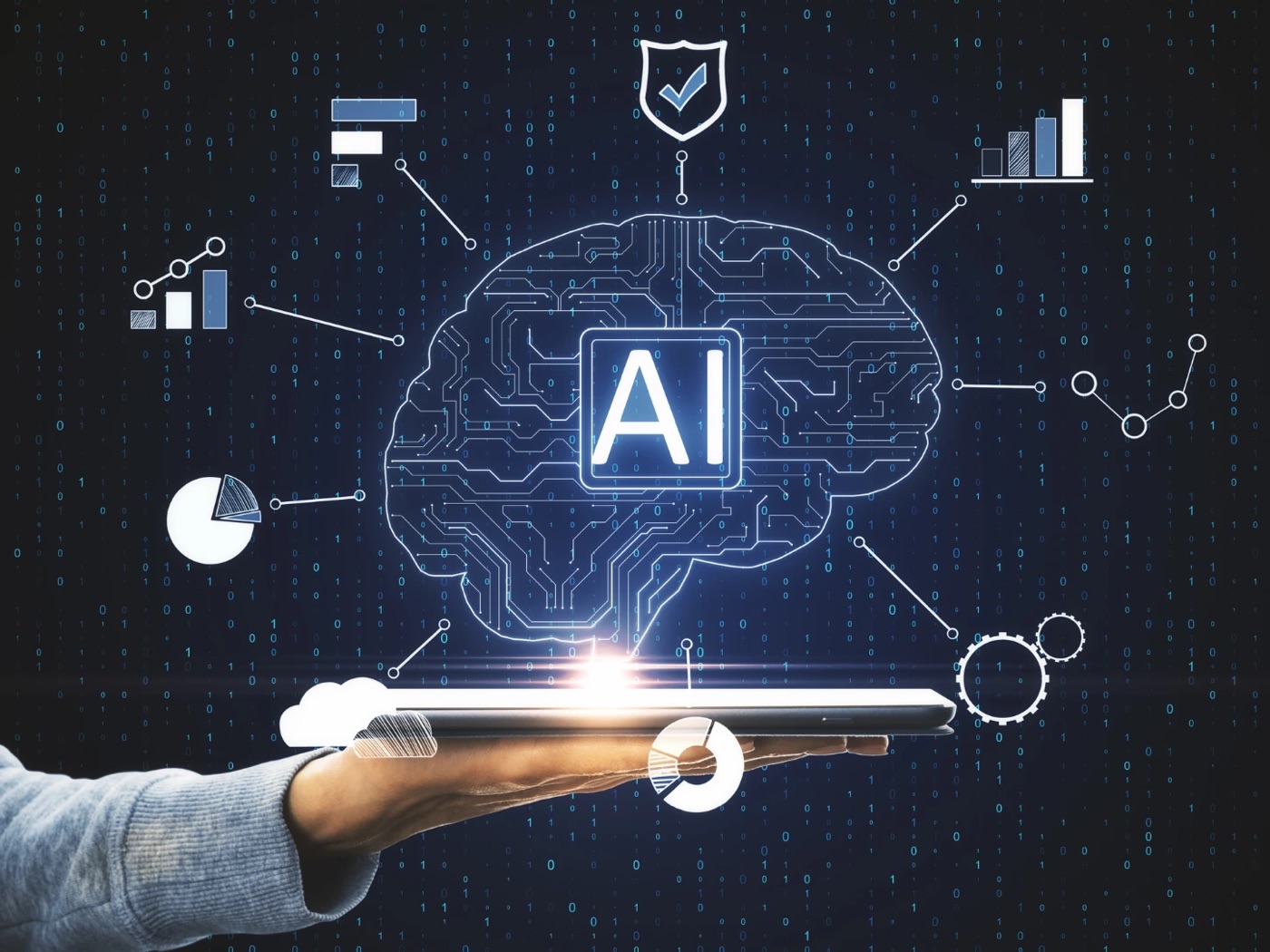 A hand holding a tablet with a glowing AI brain and business icons floating above it