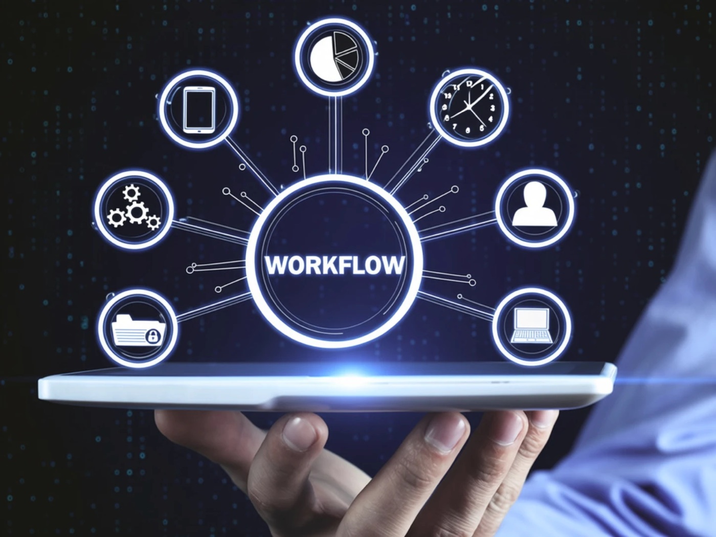 A hand holding a tablet with a glowing workflow diagram connecting devices, documents, a clock and people